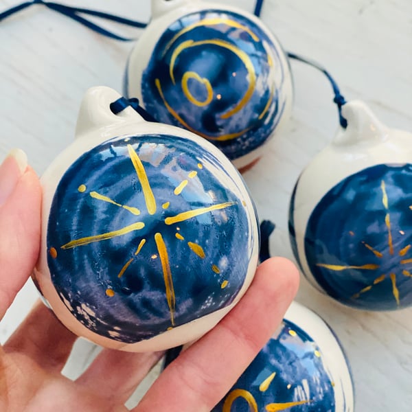 Starburst Blue and Gold ceramic bauble