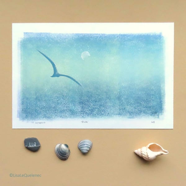 Gull gliding over the sea at moonrise mixed media and print OOAK