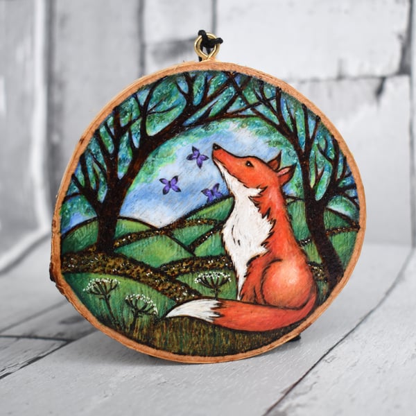 Finn the Fox, Pyrography with colour wood slice hanging decoration.