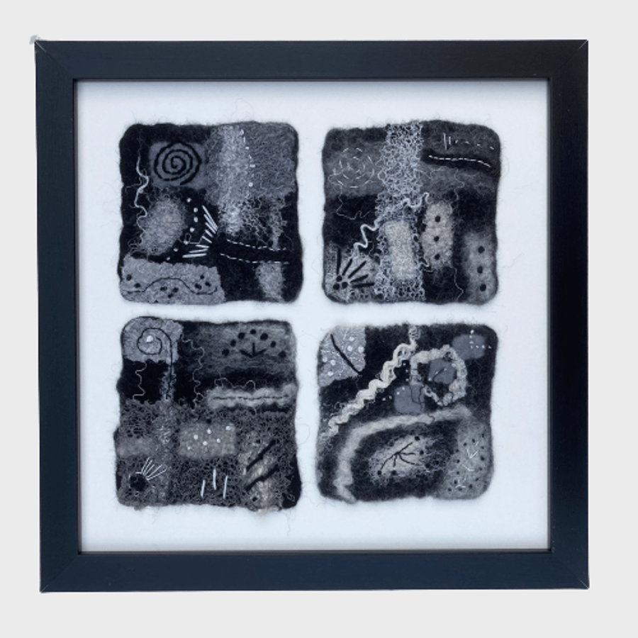Seconds Sunday - Monochrome felted abstract picture, with four panels, framed