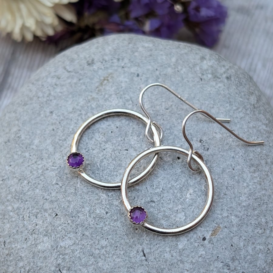 Sterling Silver Circle Hoop Earrings with Amethyst Gemstone