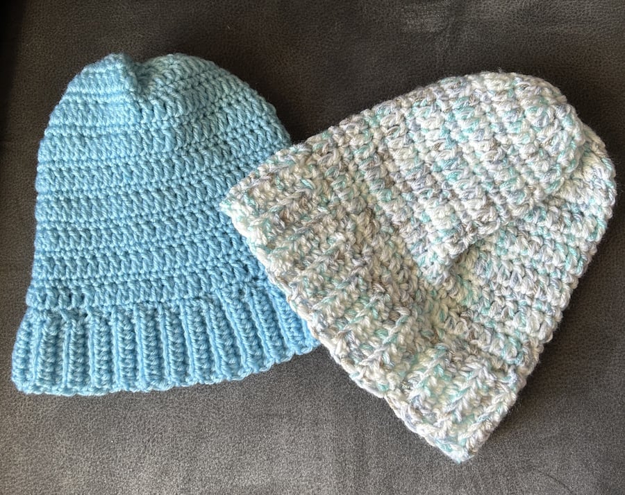Hand made, crocheted, beanie hat, white with blue grey fleck and blue