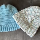 Hand made, crocheted, beanie hat, white with blue grey fleck and blue