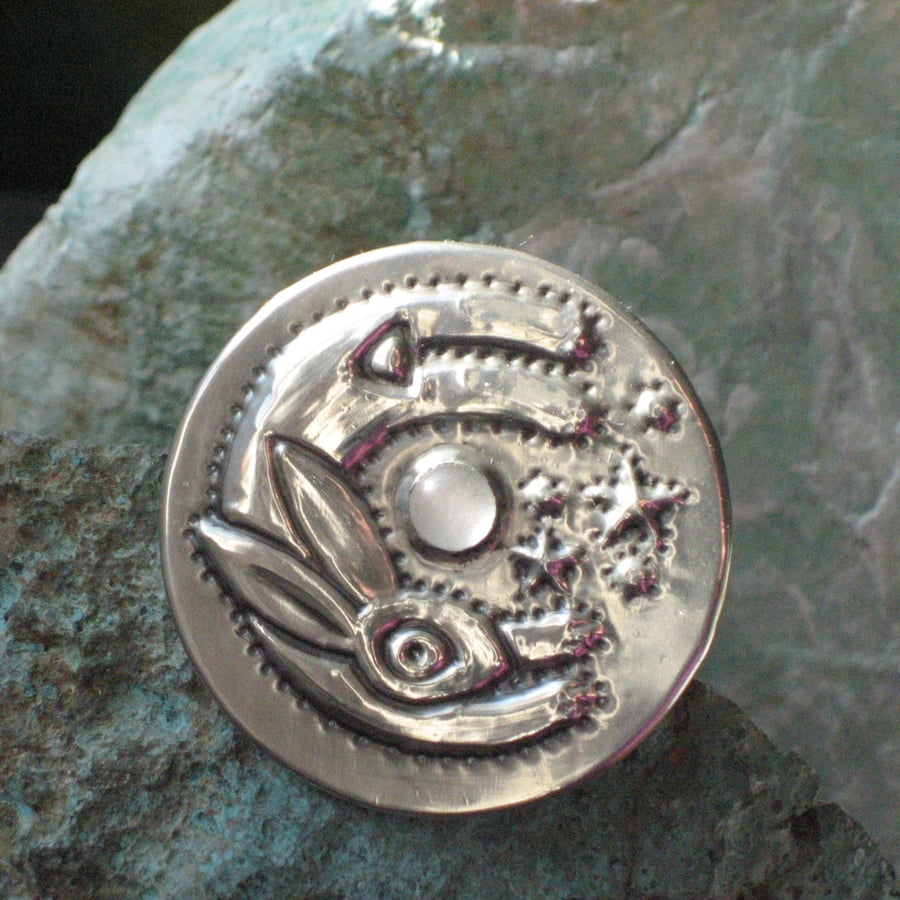 Leaping Hare Brooch with Quartz Moon