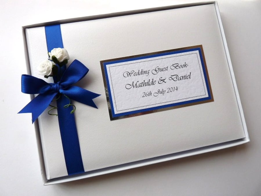 Wedding guest book with roses, royal blue and white wedding guest book