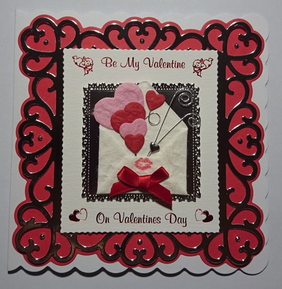 Be My Valentine on Valentines Day Hearts in Envelope 3D Luxury Handmade Card