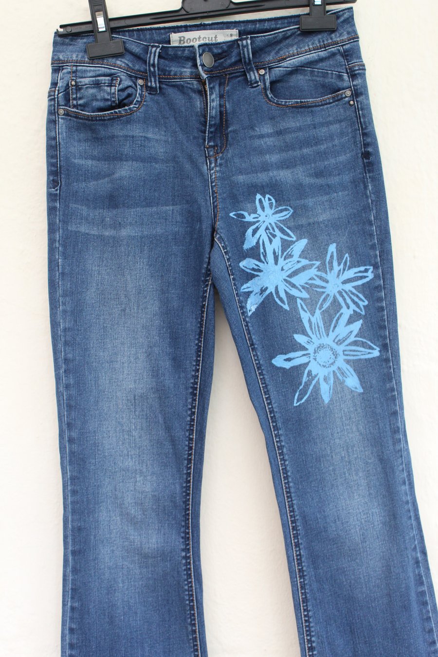 Ladies UK size 8, Eco reworked new look jeans,blue flower screen print unique