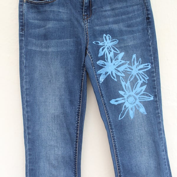 Ladies UK size 8, Eco reworked new look jeans,blue flower screen print unique