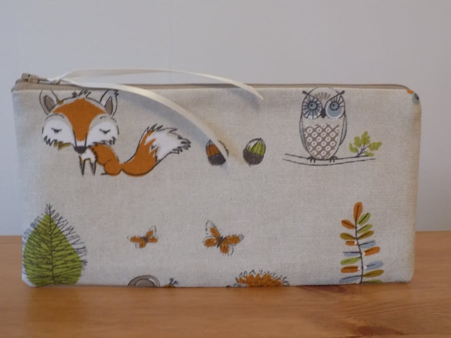 'Woodland Fox' Fabric Pencil Case Animal Make Up Bag Cotton Cosmetics Purse 