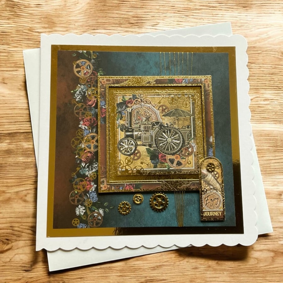 Steampunk Vintage Traction Engine Celebration Card "Enjoy the Journey"