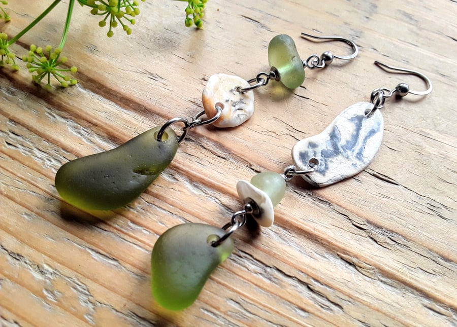 Beach Boho Dangle Earrings: Shell & Olive Green