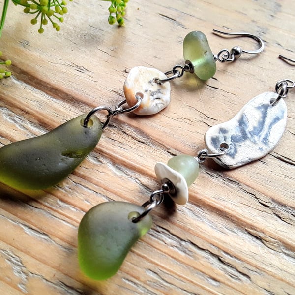 Beach Boho Dangle Earrings: Shell & Olive Green