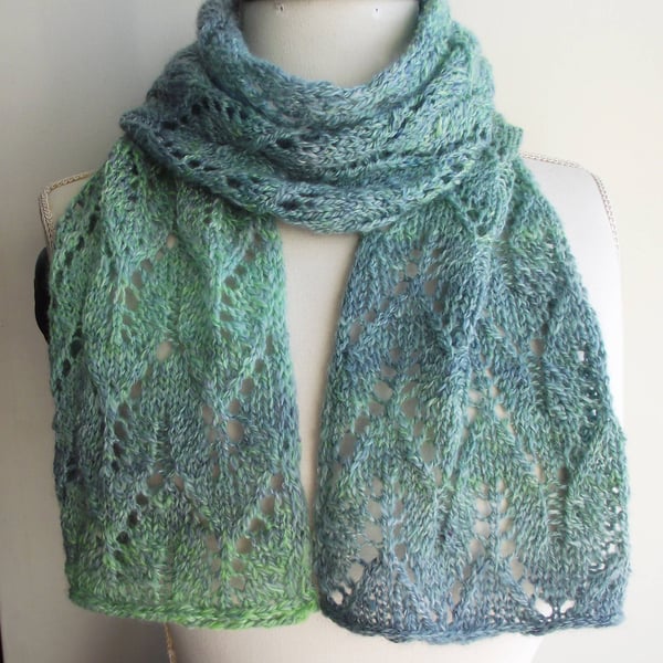 Lacy Blue Green Merino & Tencel Handspun Knitted Scarf, Mothers' Day Gift