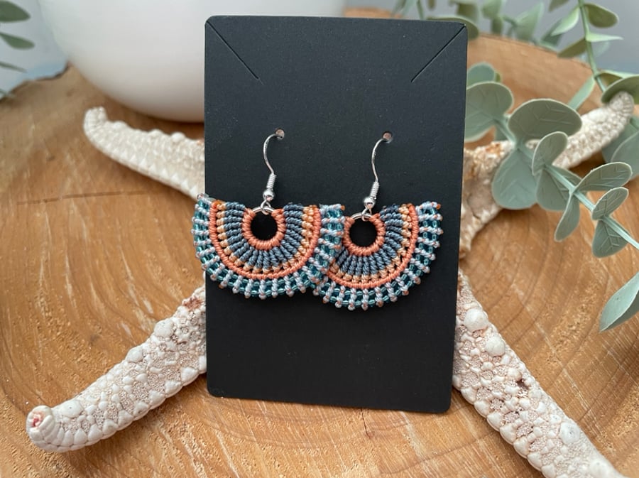 Boho inspired micro macrame beaded fan shape earrings 