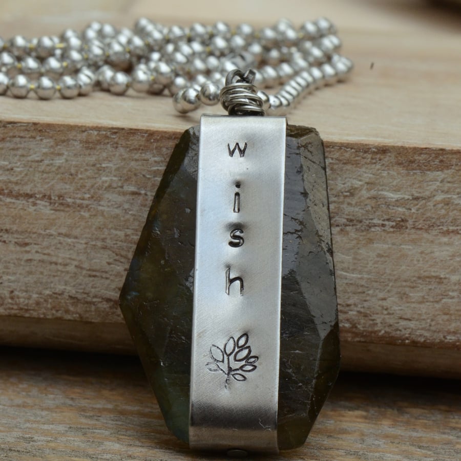 Wish Stamped Vintaj Labradorite Pendant Necklace with Aluminium Ball Chain
