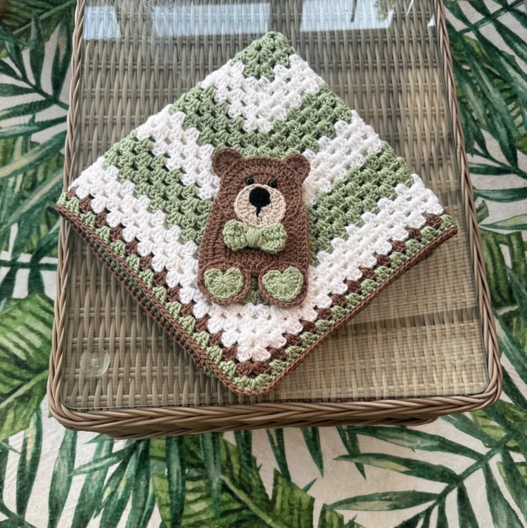 Handmade crochet bow tie bear baby blanket in sage white and brown