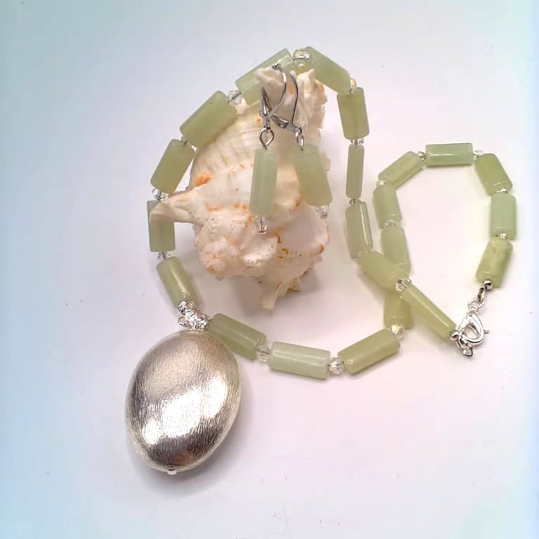 Green Jade and Crystal Necklace with Silver Pendant and Earrings, Gift for Her