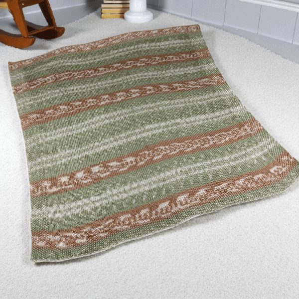 Hand Knitted Fair Isle Baby Blanket in Green & Brown, Soft Acrylic Pram Blanket