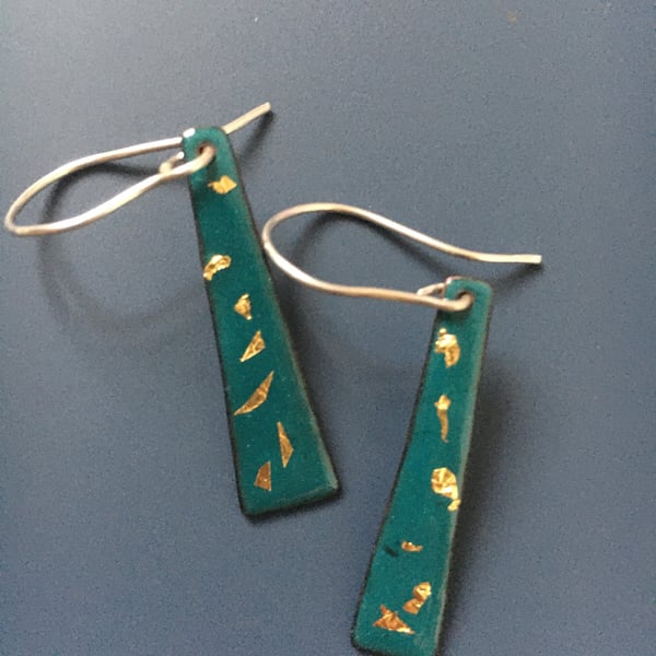 Pretty copper and turquoise enamelled dangle earrings with flecks of gold leaf