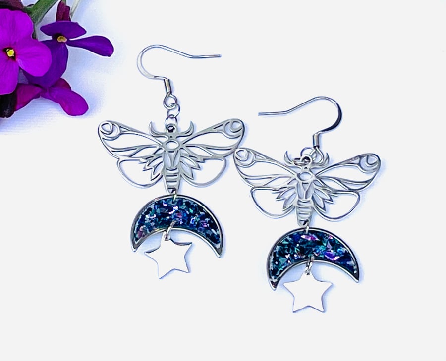 Butterfly and moon earrings, statement earrings, celestial jewellery 