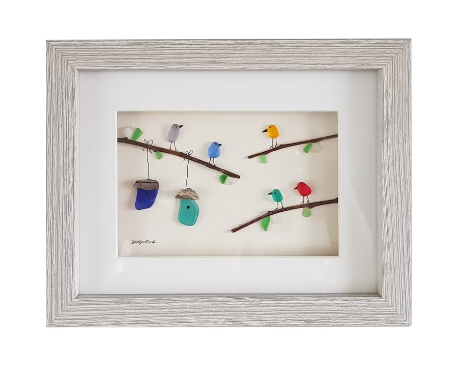 Colourful Birds - Pebble Picture - Framed Unique Handmade Art