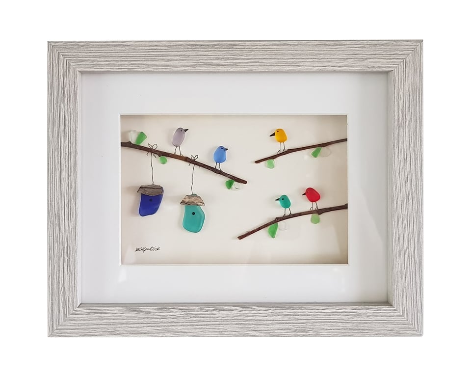 Colourful Birds - Pebble Picture - Framed Unique Handmade Art