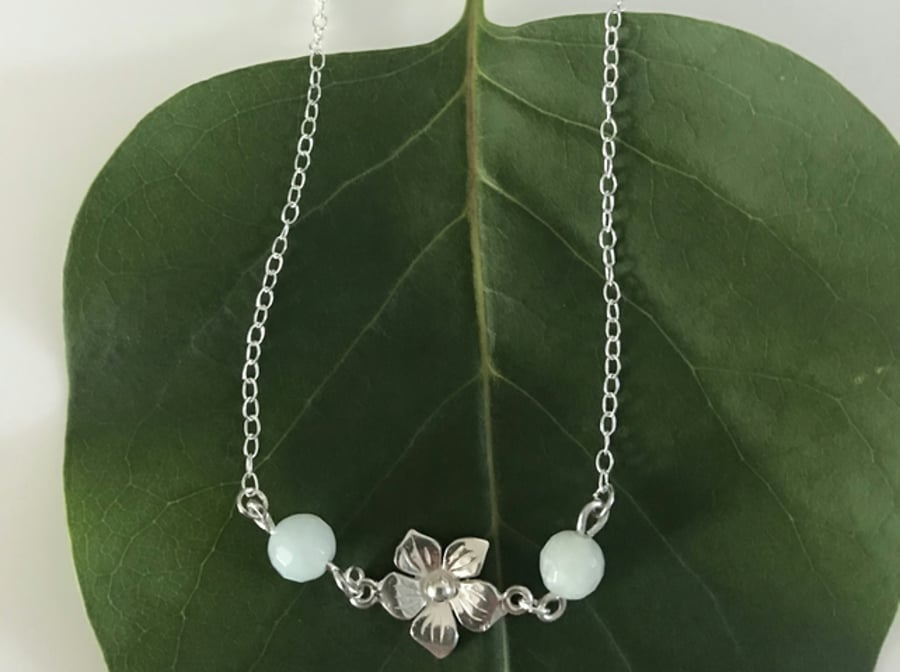Sterling silver flower necklace with amazonite gemstone beads