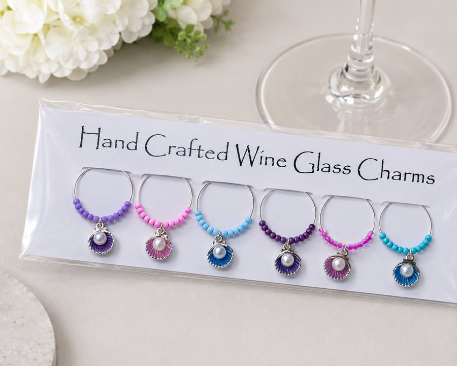Handmade Pearl Shell Wine Glass Charms – Set of 6