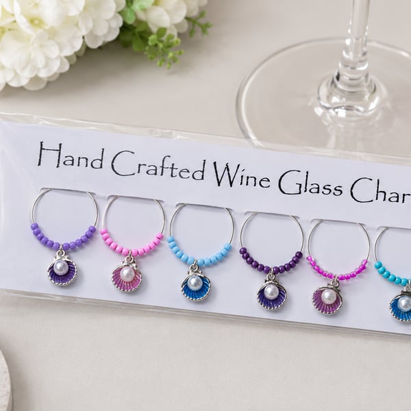 Handmade Pearl Shell Wine Glass Charms – Set of 6