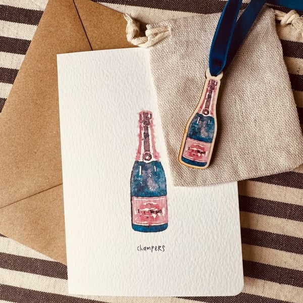 Champagne Bottle Greeting Card and ornament Gift Set 