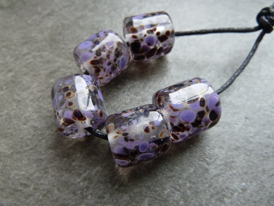 lampwork glass beads, purple frit barrels