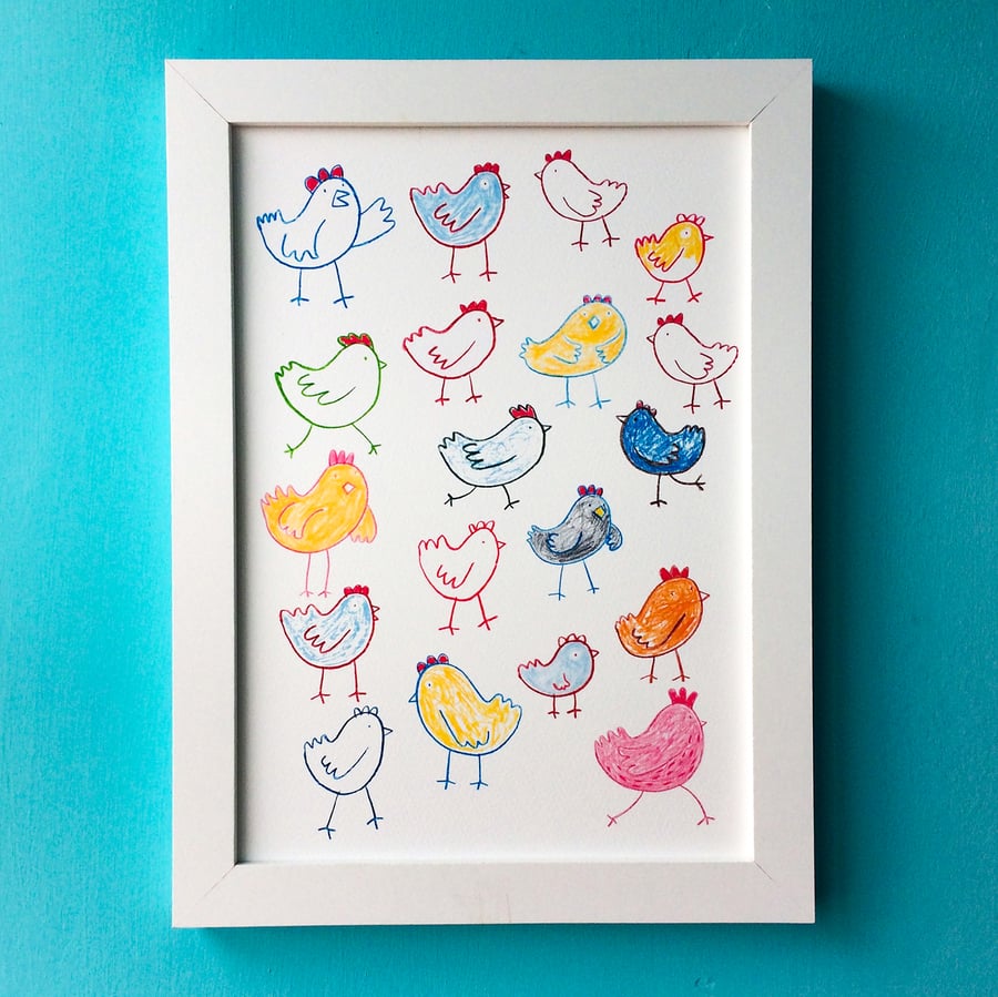 Happy Hens  A4 digital print by Jo Brown fun nursery decor quirky kitchen decor 