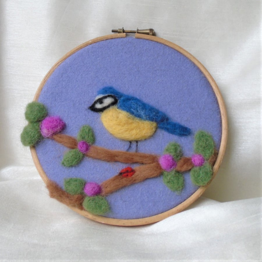 Needle Felt Blue tit and blossom picture.  Needle felt art in embroidery hoop