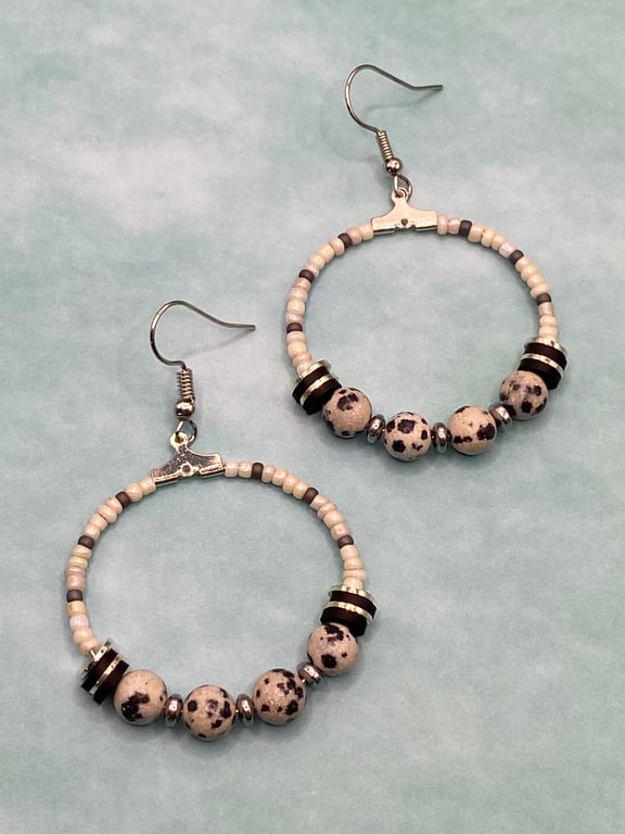 Seed beaded hoop earrings with dalmatian jasper stones