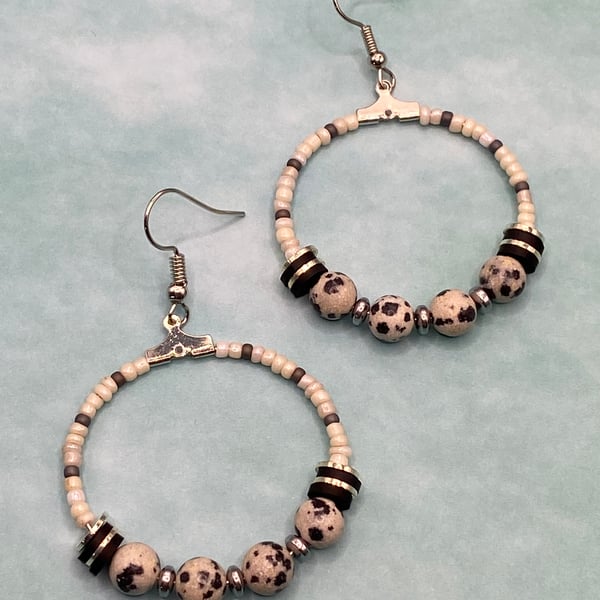 Seed beaded hoop earrings with dalmatian jasper stones