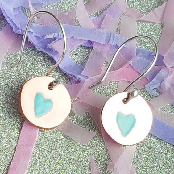 Copper Circle Earrings with Teal Enamel Hearts