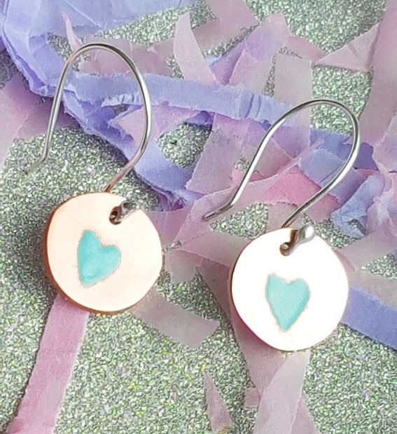 Copper Circle Earrings with Teal Enamel Hearts