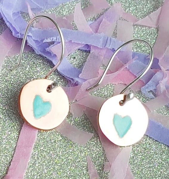Copper Circle Earrings with Teal Enamel Hearts