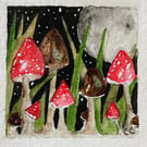 Mounted Original Whimsical Mushrooms Watercolour 