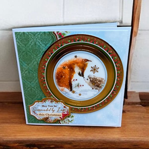 Christmas Card. Luxury Christmas Card with a Fox and Hedgehog. Festive Forest 