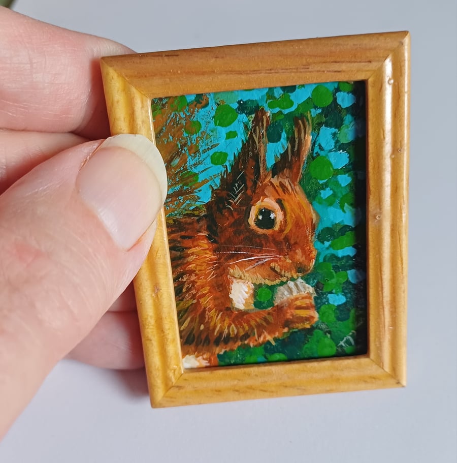Red Squirrel and the Walnut Miniature Oil Painting