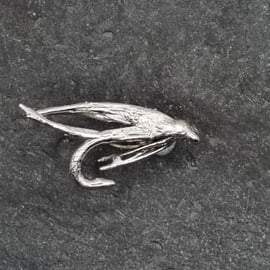 Real fishing fly preserved in silver, tie pin, pin badge