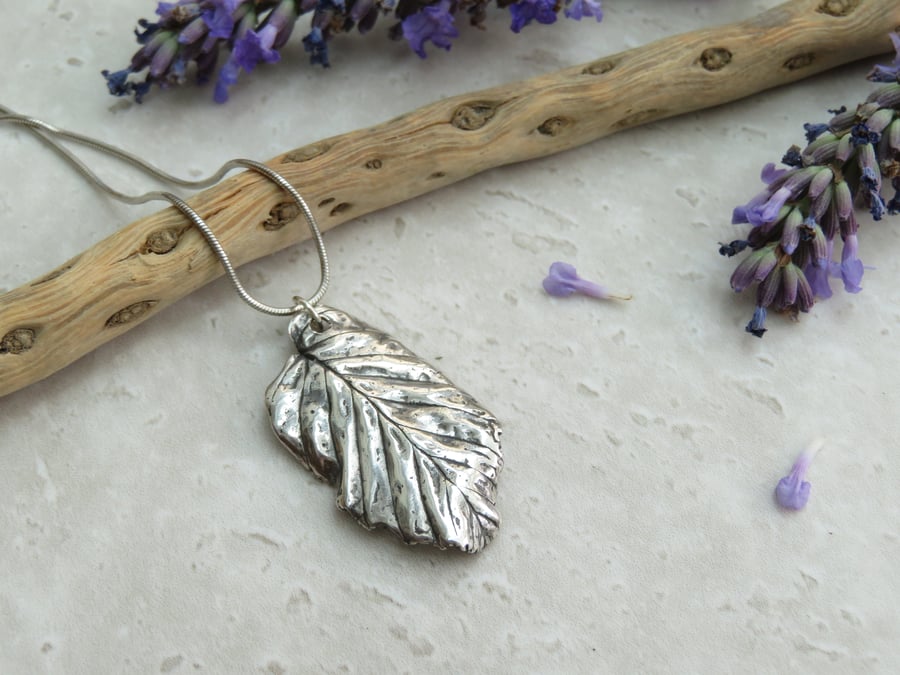 Fine Silver Curled Beech Leaf Necklace Pendant - Free UK P&P