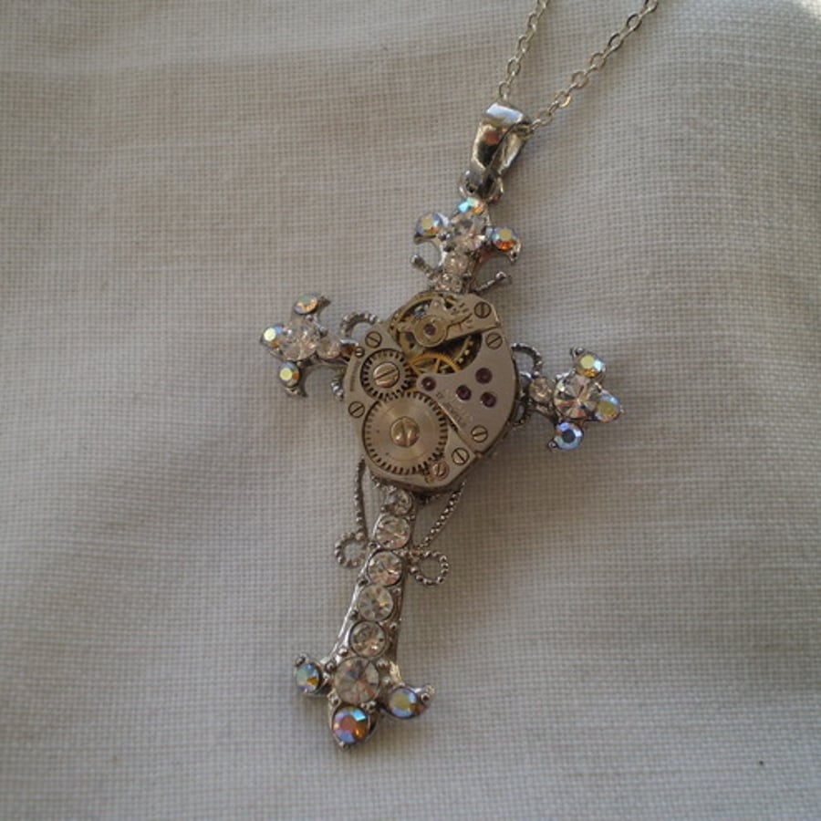 Steampunk Aurora Borealis Cross Necklace