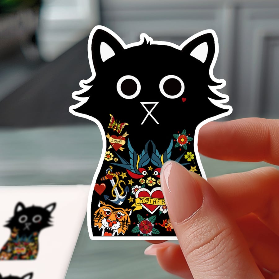 Jerry Cat Sticker, Black Cat Waterproof Sticker, Vinyl Decal, Tattoo Lovers Gift