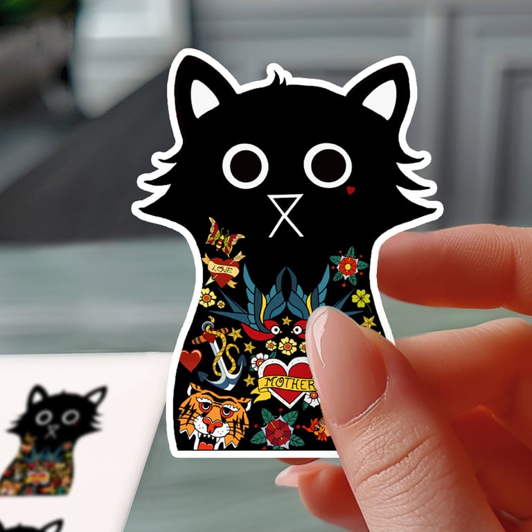 Jerry Cat Sticker, Black Cat Waterproof Sticker, Vinyl Decal, Tattoo Lovers Gift