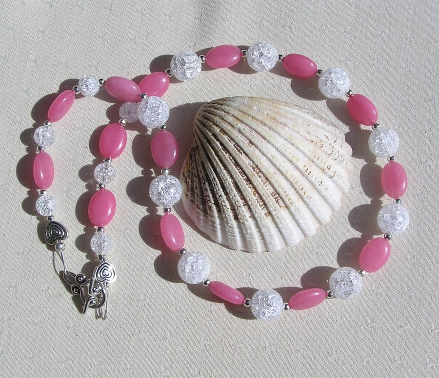 Pink Morganite & Crackled Clear Quartz Gemstone Crystal Chunky Beaded Necklace