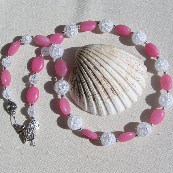 Pink Morganite & Crackled Clear Quartz Gemstone Crystal Chunky Beaded Necklace