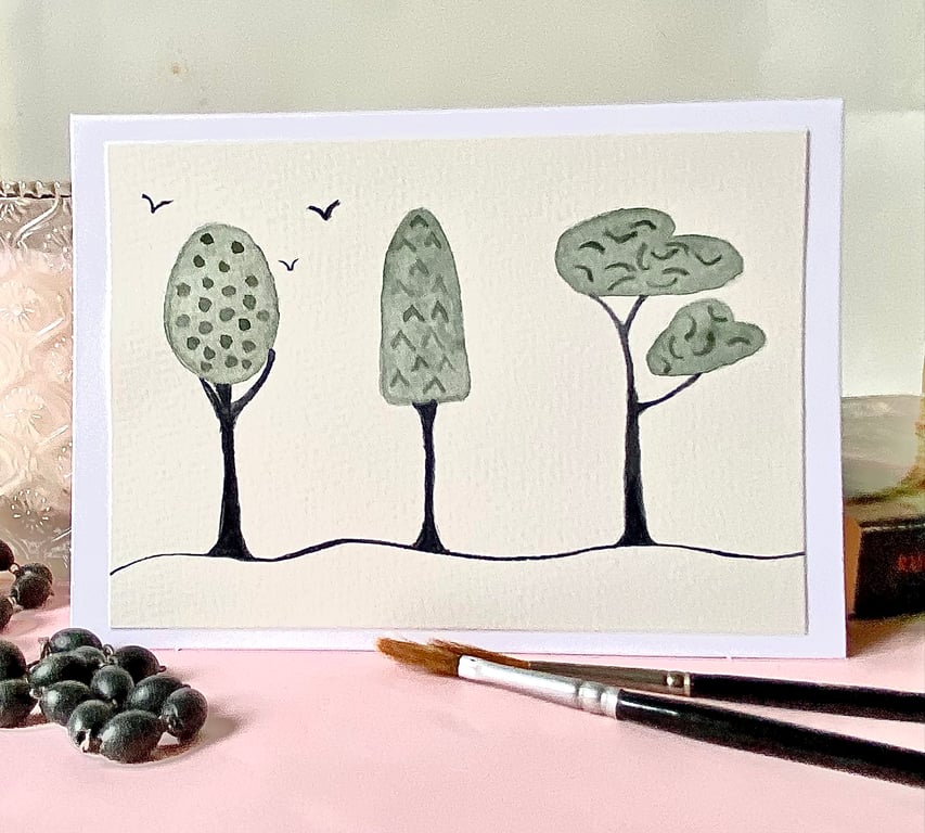 Hand painted watercolour trees blank card 