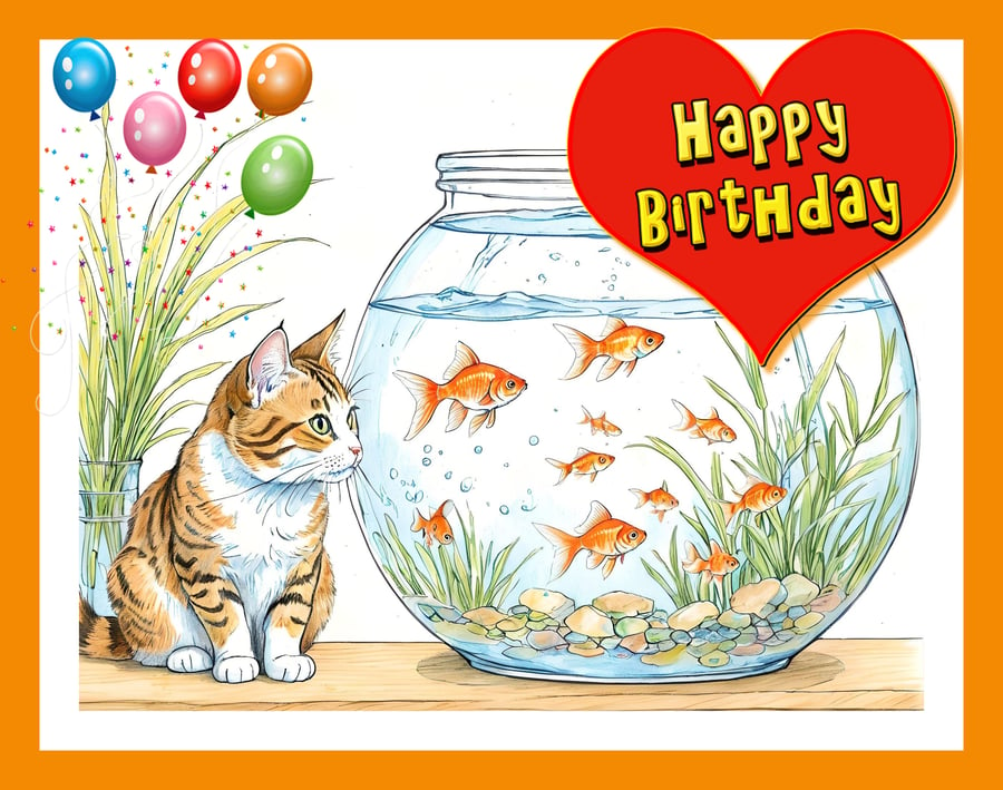 Happy Birthday Cat & Goldfish Card A5